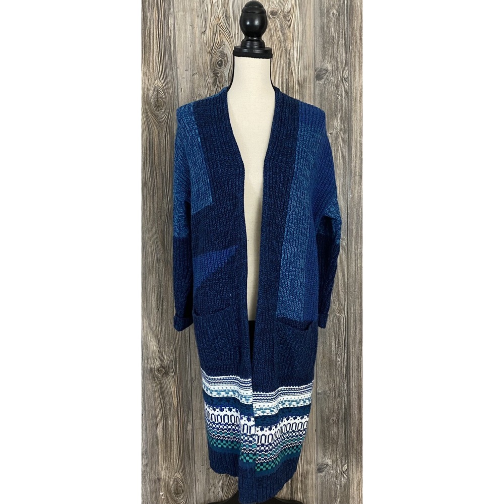 Gap Long Cardigan Sweater Women's S Blue Knit Open‎ Front Cotton Blend Cozycore